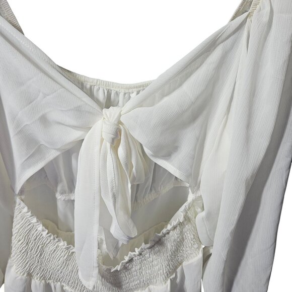 White Boho-Style Long Sleeve Dress With Smocked Waist & Open Back Tie Detail by - Picture 4 of 10